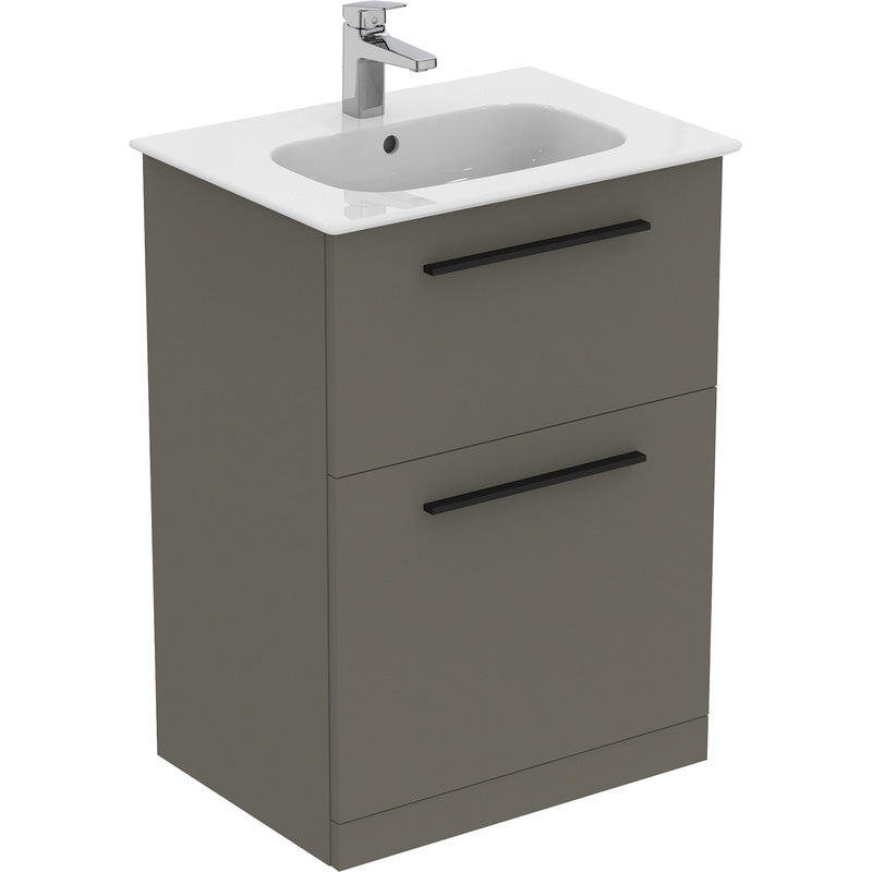 Ideal Standard i.life A Double Drawer Floor Standing Vanity Unit with Basin Matt Quartz Grey  with Matt Black Handles