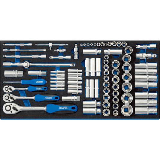 Draper Socket Set in Full Drawer EVA Insert Tray, 1/4", 3/8", and 1/2" 84 Piece