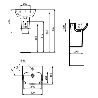 Ideal Standard i.life Cloakroom Basin and Semi-Pedestal 40cm 1 Tap Hole