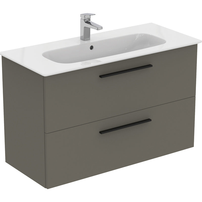 Ideal Standard i.life A Double Drawer Wall Hung Vanity Unit with Basin Matt Quartz Grey with Matt Black Handles