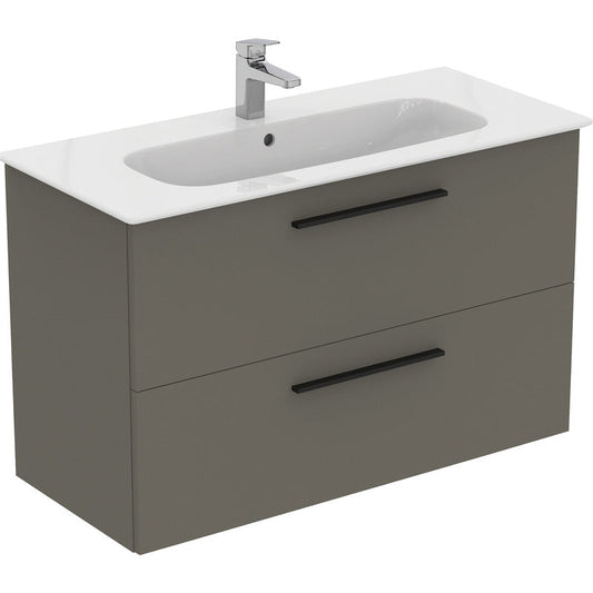 Ideal Standard i.life A Double Drawer Wall Hung Vanity Unit with Basin Matt Quartz Grey with Matt Black Handles