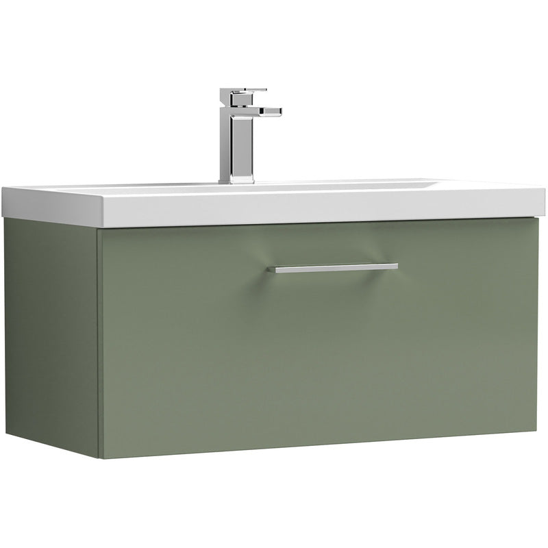 nuie Arno Single Drawer Wall Hung Vanity Unit Satin Green 800mm With Slim Edge Basin