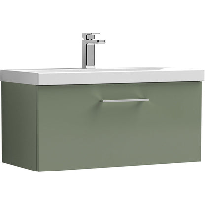 nuie Arno Single Drawer Wall Hung Vanity Unit Satin Green 800mm With Slim Edge Basin