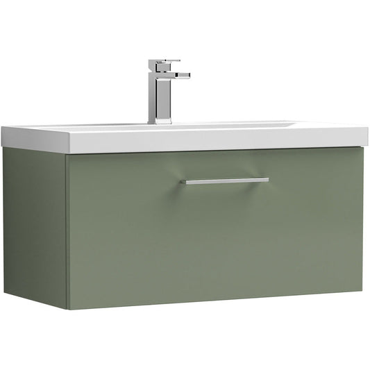 nuie Arno Single Drawer Wall Hung Vanity Unit Satin Green 800mm With Slim Edge Basin