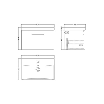nuie Arno Single Drawer Wall Hung Vanity Unit Satin Grey 600mm With Slim Edge Basin