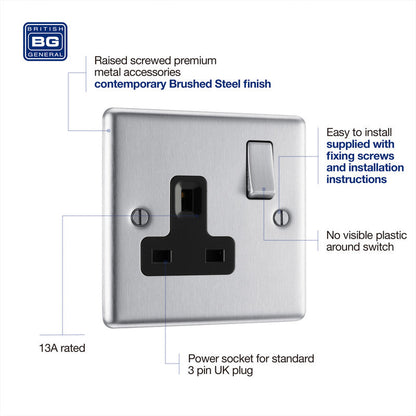 BG Brushed Steel 13A DP Black Insert Switched Socket