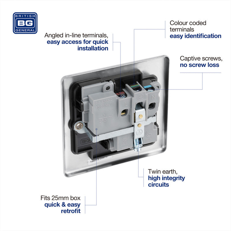 BG Brushed Steel 13A DP Black Insert Switched Socket