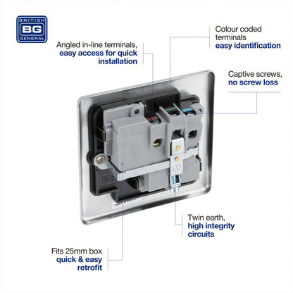 BG Brushed Steel 13A DP Black Insert Switched Socket