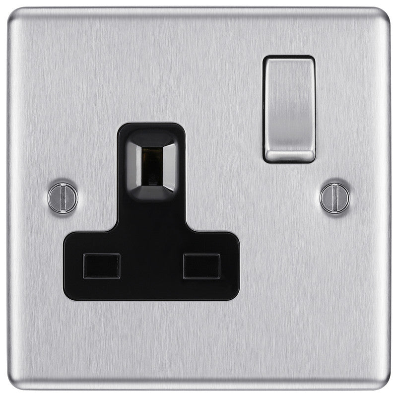BG Brushed Steel 13A DP Black Insert Switched Socket