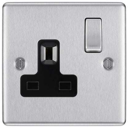 BG Brushed Steel 13A DP Black Insert Switched Socket