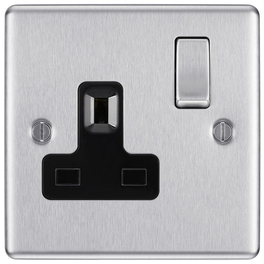 BG Brushed Steel 13A DP Black Insert Switched Socket