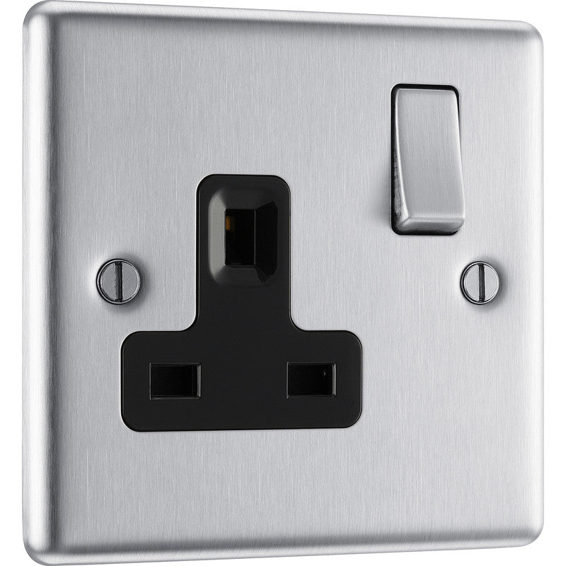 BG Brushed Steel 13A DP Black Insert Switched Socket