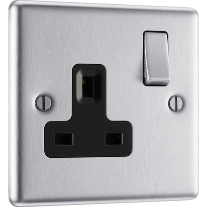 BG Brushed Steel 13A DP Black Insert Switched Socket