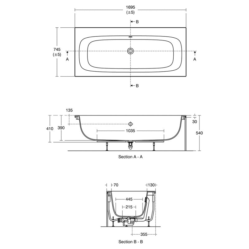 Ideal Standard i.life Water Saving Double Ended Bath 1700mm x 750mm No Tap Holes
