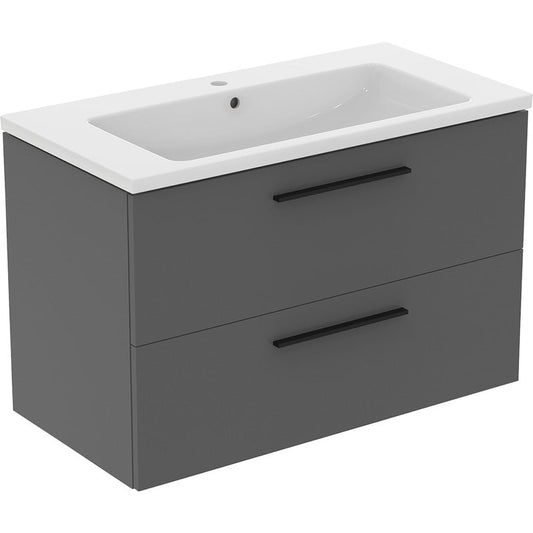 Ideal Standard i.life B Double Drawer Wall Hung Unit with Basin Matt Quartz Grey 1000mm with Brushed Chrome Handles
