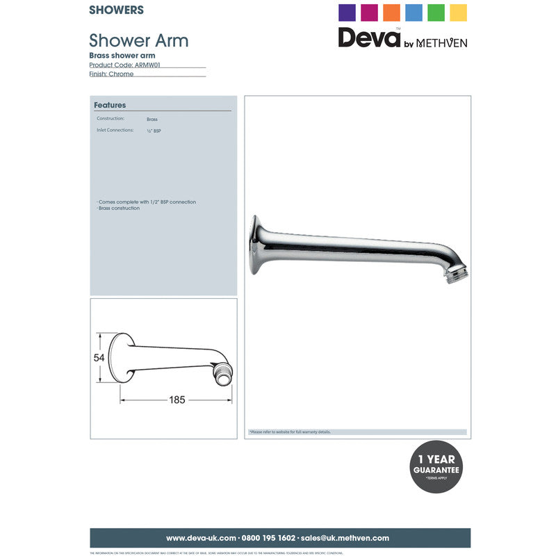 Chrome Plated Shower Arm 185mm