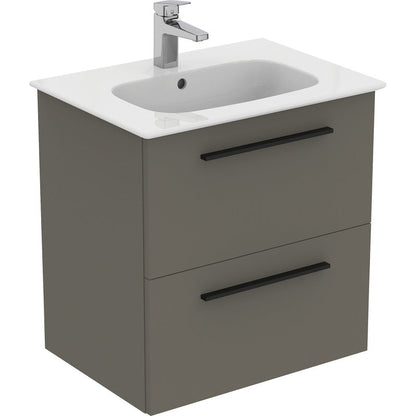 Ideal Standard i.life A Double Drawer Wall Hung Vanity Unit with Basin Matt Quartz Grey with Matt Black Handles
