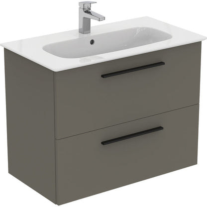 Ideal Standard i.life A Double Drawer Wall Hung Vanity Unit with Basin Matt Quartz Grey with Matt Black Handles