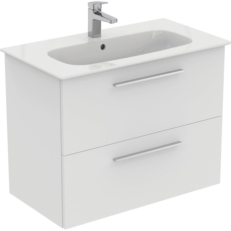 Ideal Standard i.life A Double Drawer Wall Hung Vanity Unit with Basin Matt White  with Brushed Chrome Handles