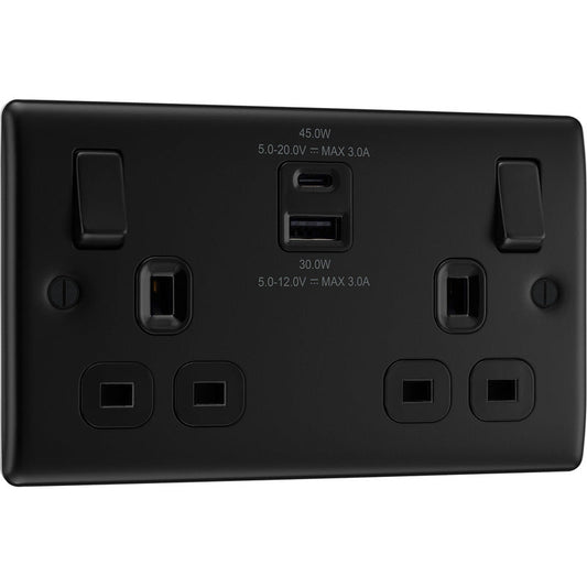 BG Nexus Metal Matt Black Switched Socket With USB A+C 2 Gang