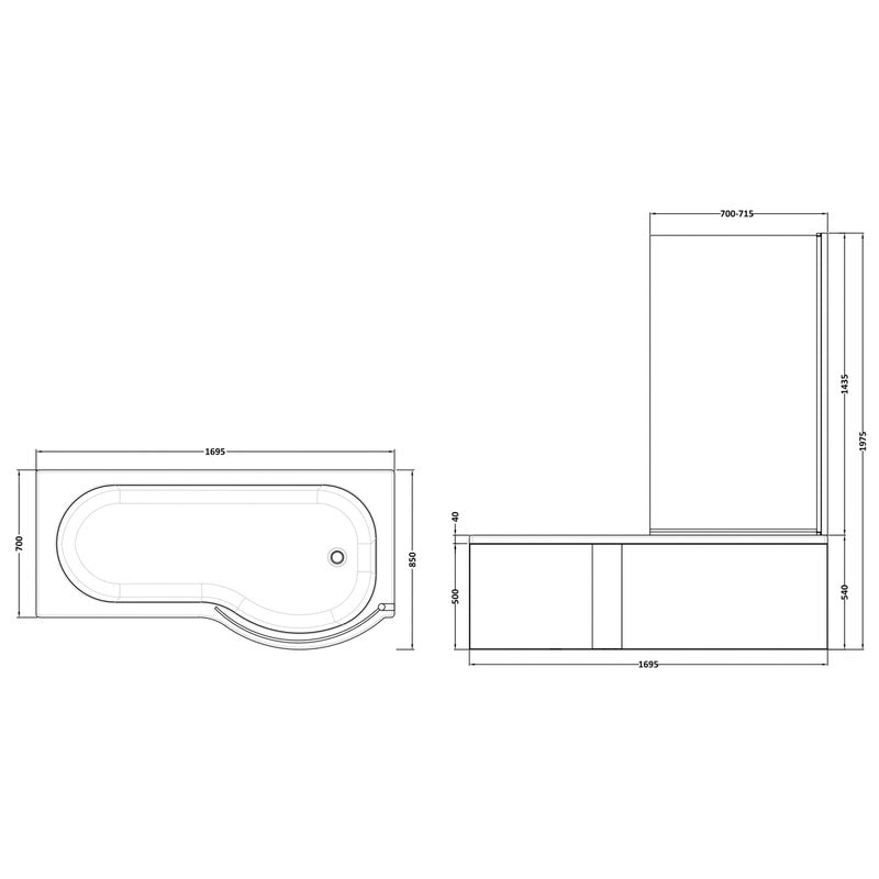 nuie P Shaped Shower Bath with Panel and Leg Set Right Hand