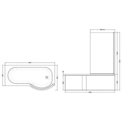 nuie P Shaped Shower Bath with Panel and Leg Set Right Hand