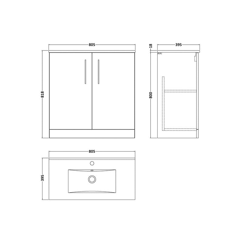 nuie Arno Double Door Floor Standing Vanity Unit Soft Black 800mm With Minimalist Basin
