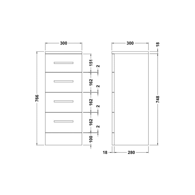 nuie Mayford 4 Drawer Compact Floorstanding Unit Gloss White 300mm