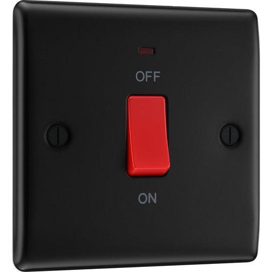 BG Nexus Metal Matt Black 45A Square Double Pole Switch 1 Gang + Neon