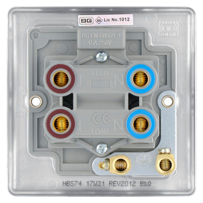 BG Nexus Metal Brushed Steel 45A Square Double Pole Switch 1 Gang + Neon