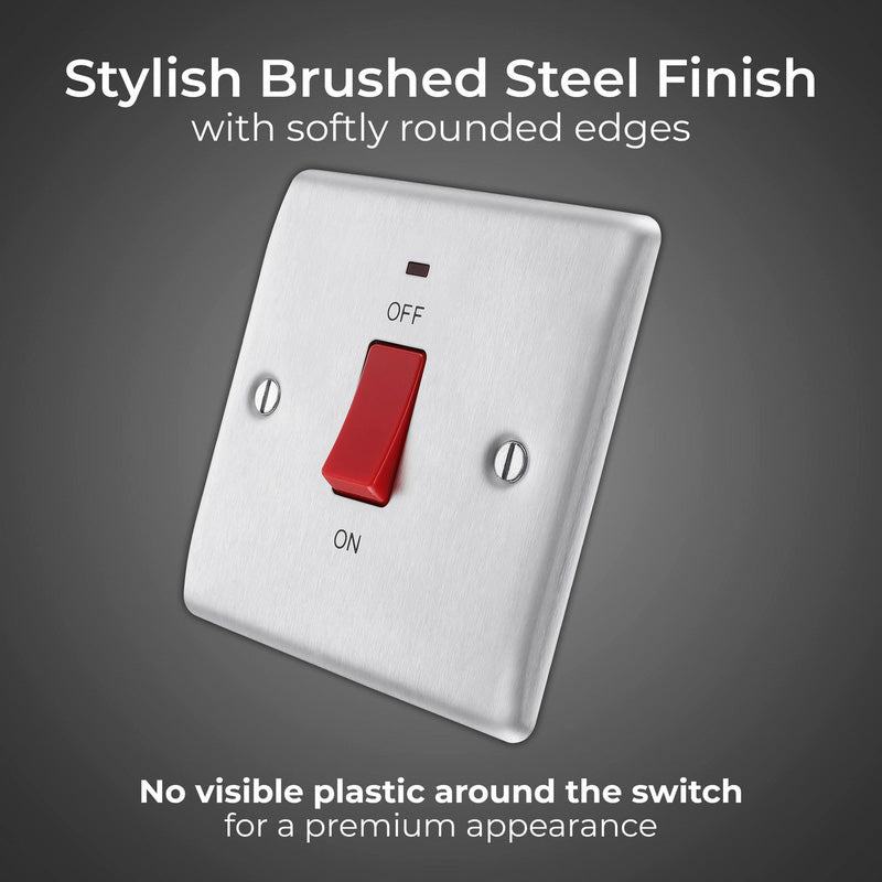 BG Nexus Metal Brushed Steel 45A Square Double Pole Switch 1 Gang + Neon