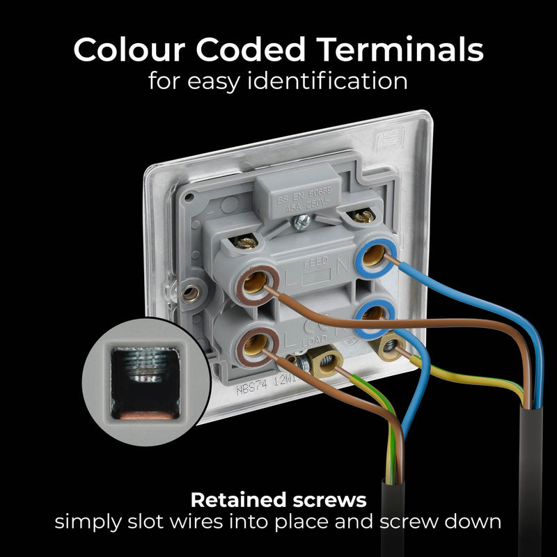 BG Nexus Metal Brushed Steel 45A Square Double Pole Switch 1 Gang + Neon