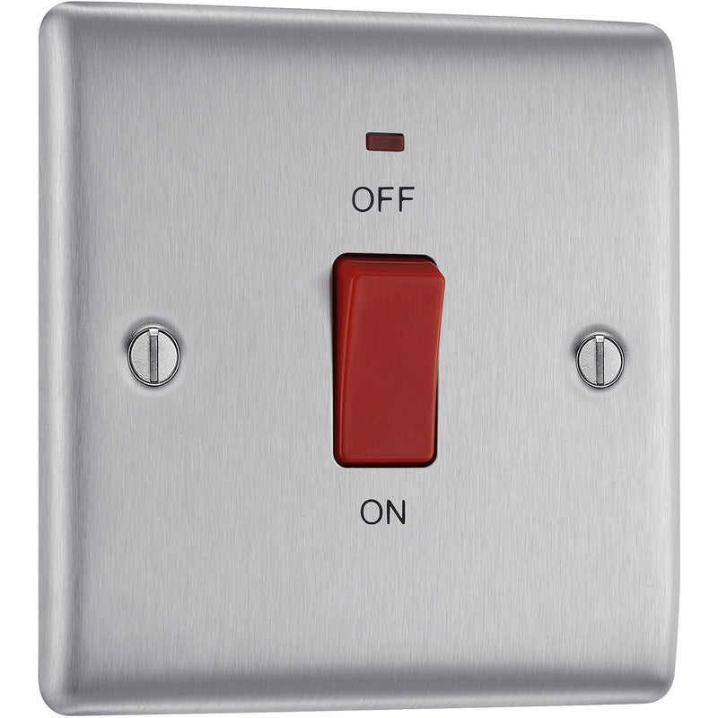 BG Nexus Metal Brushed Steel 45A Square Double Pole Switch 1 Gang + Neon