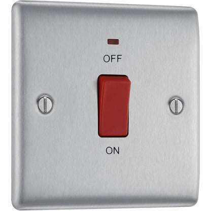 BG Nexus Metal Brushed Steel 45A Square Double Pole Switch 1 Gang + Neon