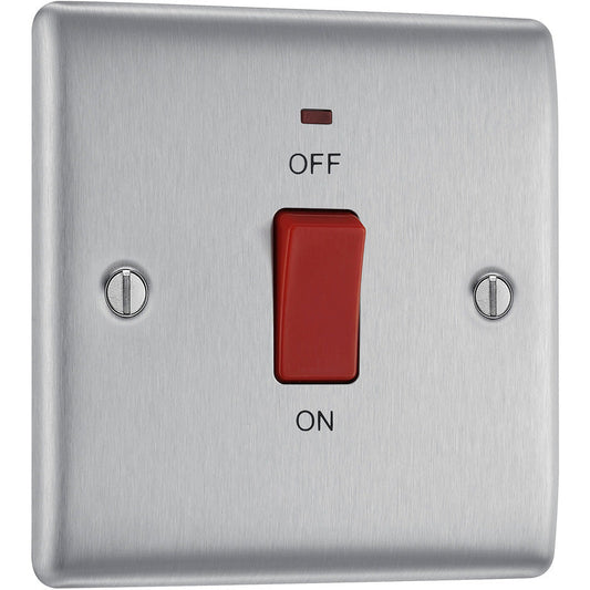 BG Nexus Metal Brushed Steel 45A Square Double Pole Switch 1 Gang + Neon