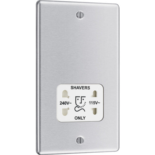 BG Brushed Steel Dual Voltage White Insert Shaver Socket