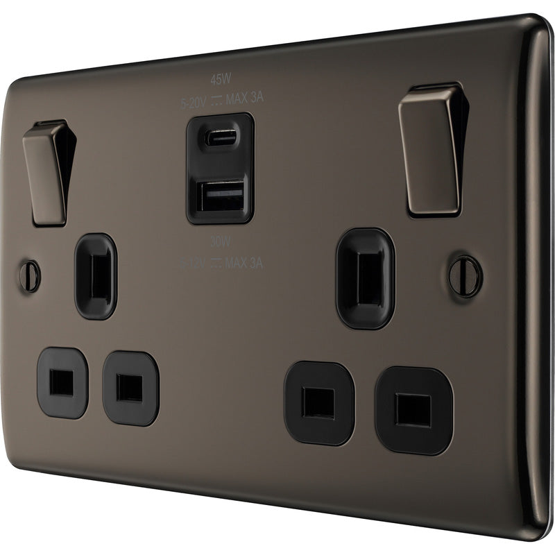 BG Nexus Metal Black Nickel Power Socket With USB A+C  2 Gang