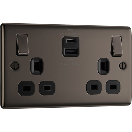 BG Nexus Metal Black Nickel Power Socket With USB A+C  2 Gang
