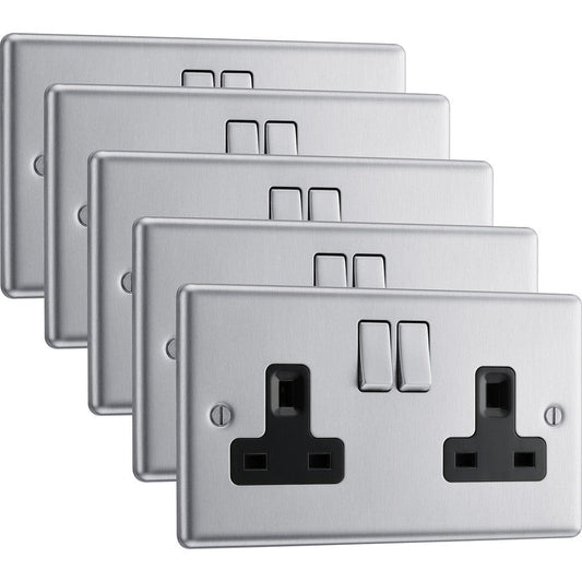 BG Brushed Steel 13A DP Black Insert Switched Socket 2 Gang