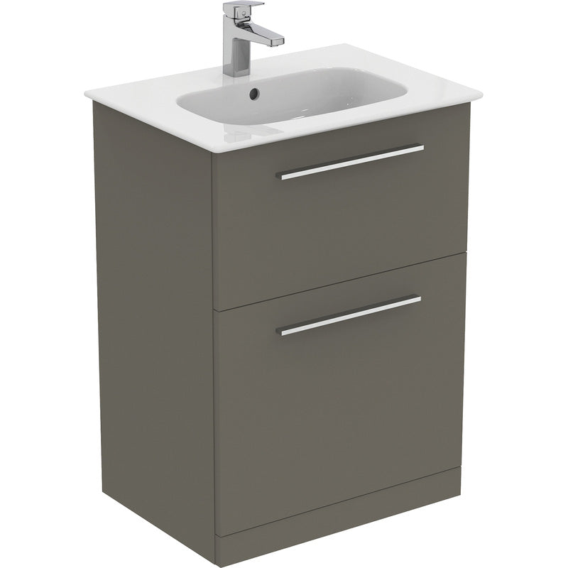 Ideal Standard i.life A Double Drawer Floor Standing Vanity Unit with Basin Matt Quartz Grey with Brushed Chrome Handles