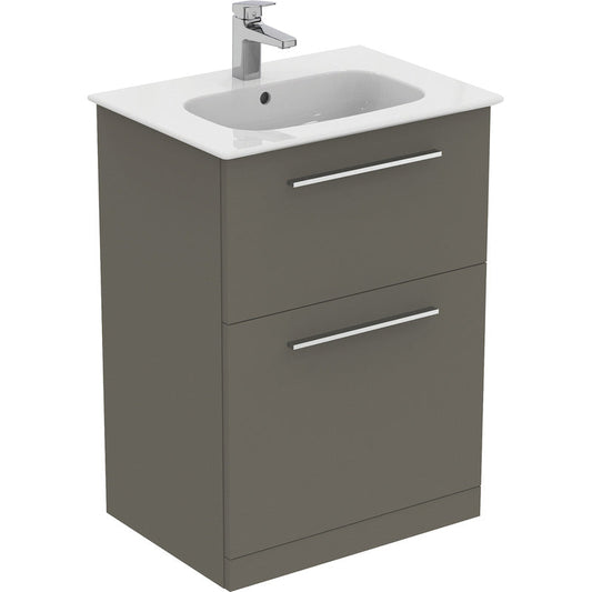 Ideal Standard i.life A Double Drawer Floor Standing Vanity Unit with Basin Matt Quartz Grey with Brushed Chrome Handles