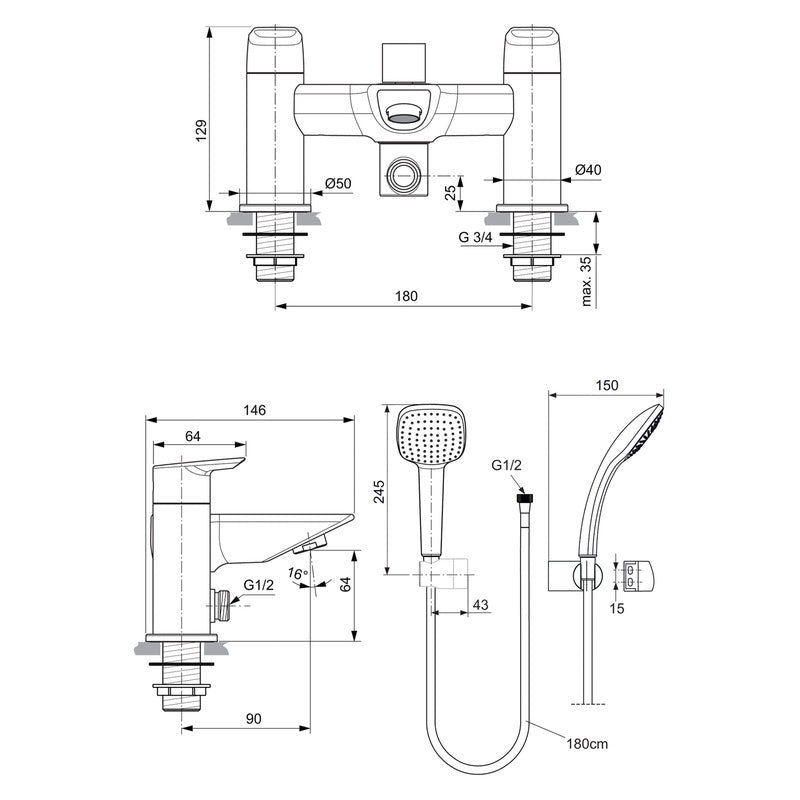 Ideal Standard Tesi Taps Bath Shower Mixer