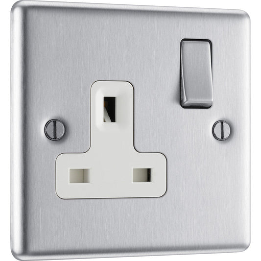 BG Brushed Steel 13A DP White Insert Switched Socket