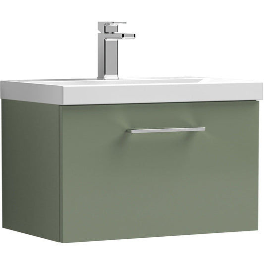 nuie Arno Single Drawer Wall Hung Vanity Unit Satin Green 600mm With Slim Edge Basin
