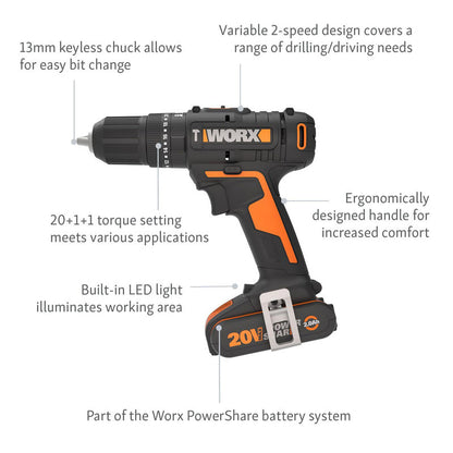 Worx WX370 20V Brushed Combi Drill 2 x 2.0Ah