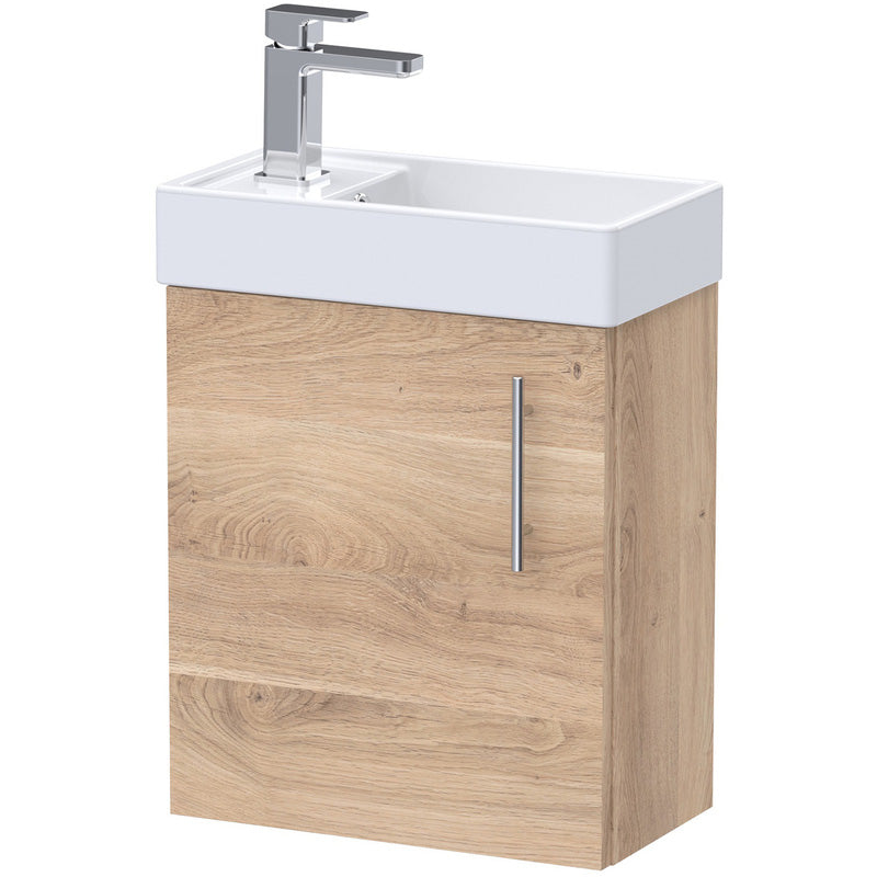 nuie Vault Single Door Compact Wall Hung Vanity Unit Bleached Oak 400mm With Ceramic Basic