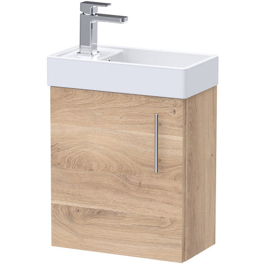 nuie Vault Single Door Compact Wall Hung Vanity Unit Bleached Oak 400mm With Ceramic Basic