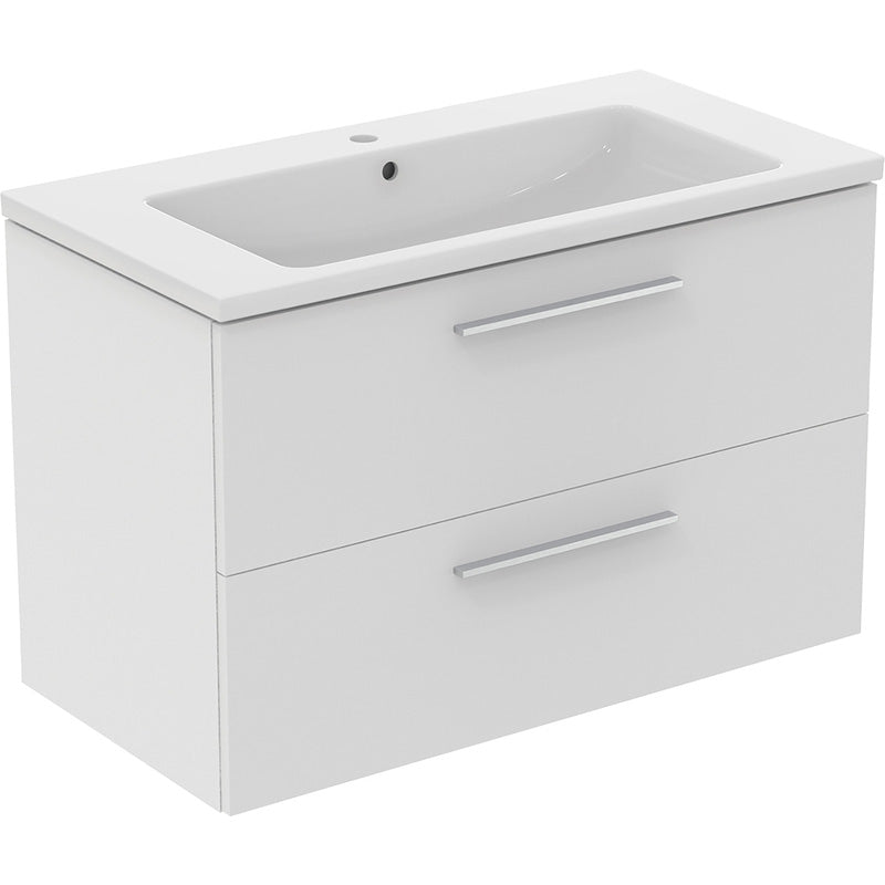 Ideal Standard i.life B Double Drawer Wall Hung Unit with Basin Matt White with Brushed Chrome Handles