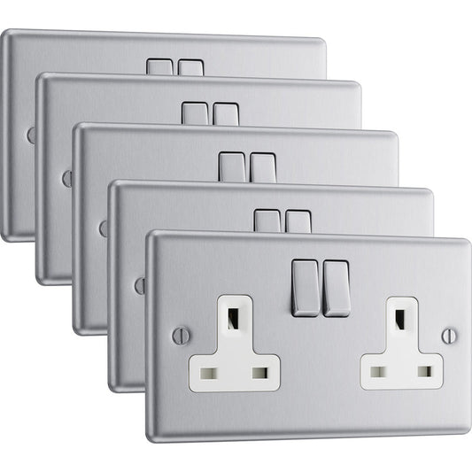 BG Brushed Steel 13A DP White Insert Switched Socket 2 Gang