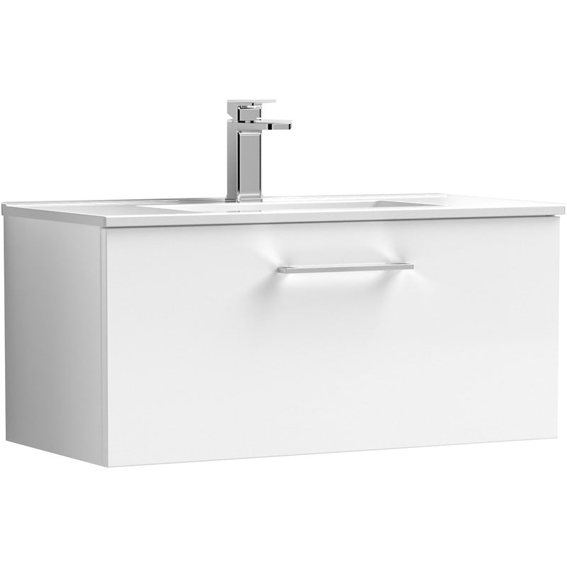 nuie Arno Single Drawer Wall Hung Vanity Unit Gloss White 800mm With Minimalist Basin